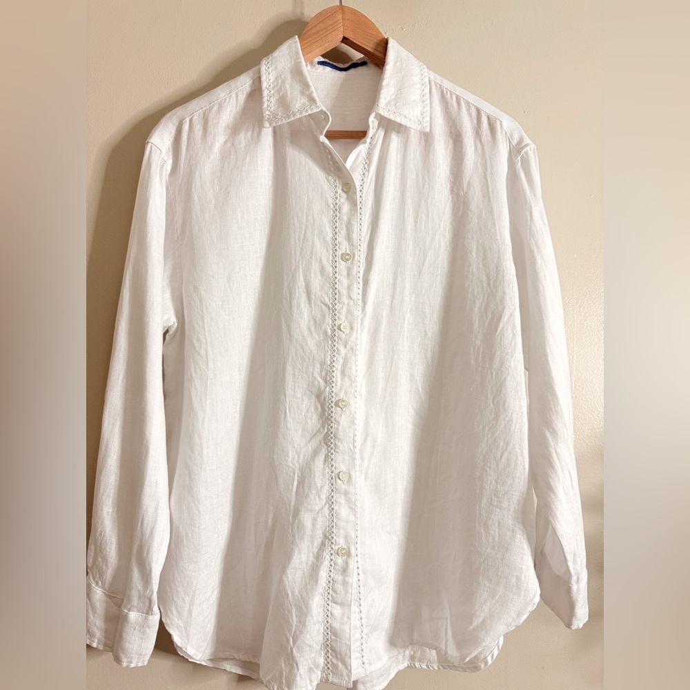 J. McLaughlin Crisp White Casual Button Down Linen Shirt size Medium